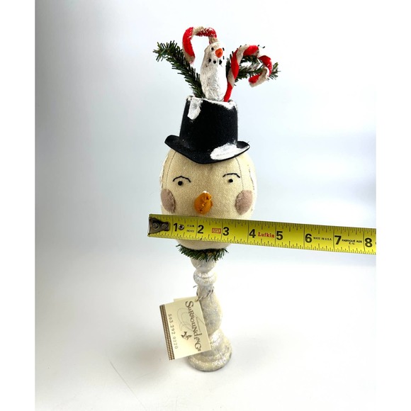 Vintage Whimsical Handmade Snowman Head On A Wooden Candlestick With Candy Canes - Picture 10 of 12